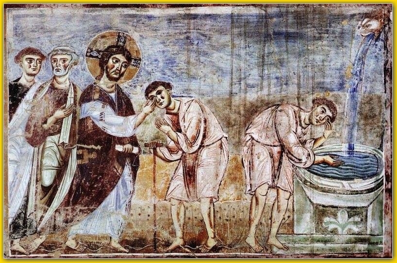 John 9, 6 - 7 Jesus enabling the man born blind to see Art Source: stjohnpa.org